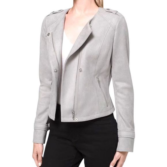 White House Black Market Women's Gray Faux-Suede Moto Jacket Size Medium - Picture 7 of 13
